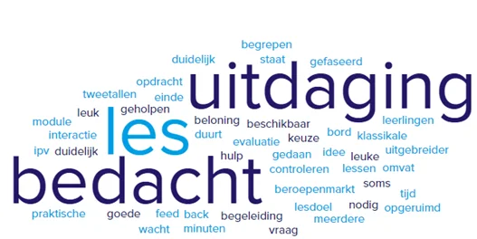 Wordcloud uit TRIPS met de woorden ‘uitdaging’, ‘les’ en ‘bedacht’ als grootste