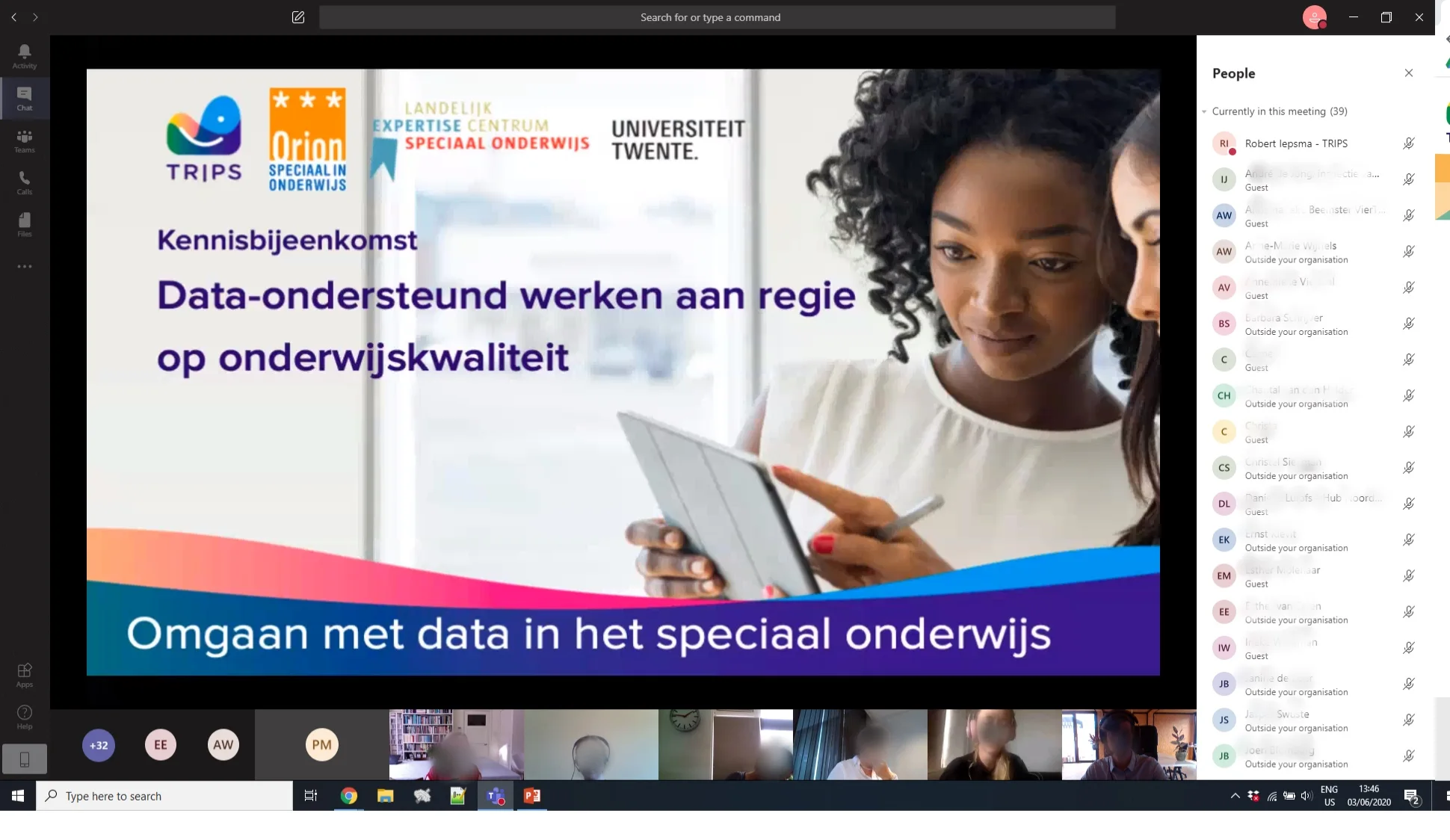 Schermafbeelding van de online kennisbijeenkomst in Microsoft Teams met de openingsslide en de deelnemerslijst