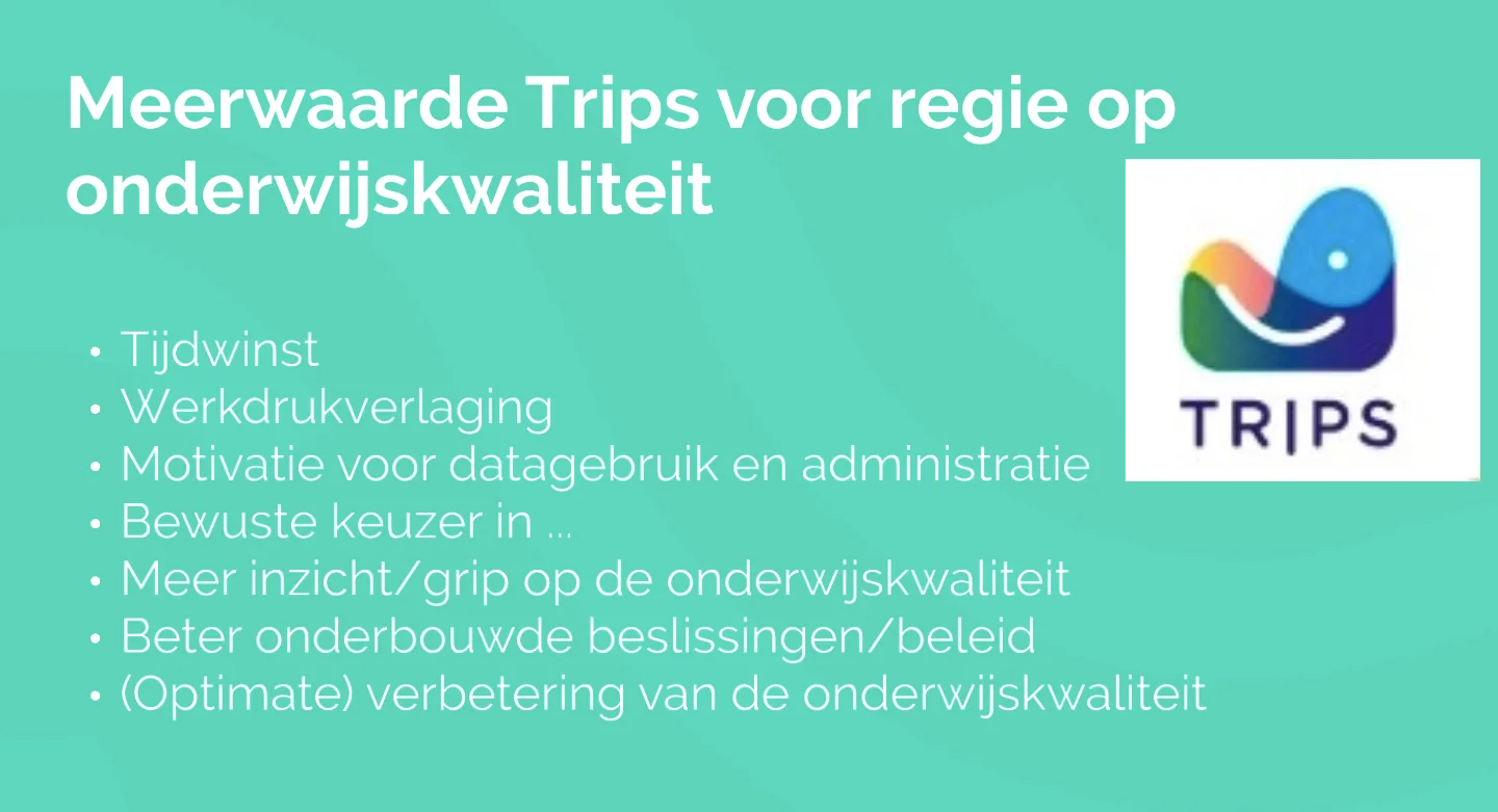 Slide ‘Meerwaarde TRIPS voor regie op onderwijskwaliteit’: tijdwinst, werkdrukverlaging, motivatie voor datagebruik, bewuste keuzes, meer grip, beter onderbouwde beslissingen, verbetering van de onderwijskwaliteit